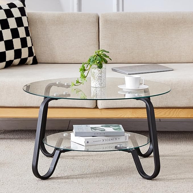 Glass Round Coffee Table for Living Room, 31.5 Inch Tempered Glass Top & Sturdy Metal Frame with Storage Shelf, Modern Small Center Table with 200lb Capacity, Quick & Easy Assembly