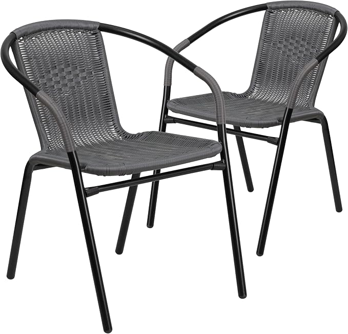 EMMA + OLIVER Set of 2 Modern Rattan Indoor/Outdoor Stack Chairs, Stacking Rattan Patio Chairs with Curved Back and Cross Bracing, Gray - Image 3