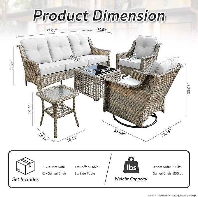 Patio Conversation Set,5 Pieces Wicker Patio Furnitures with Swivel Chair and Coffee Table,All Weather Patio Furniture Set for Garden,Backyard,Poolside and Patio,Grey