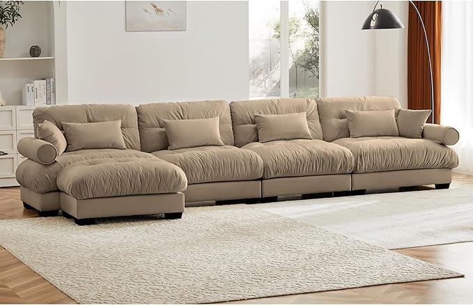 KEIKI 166" L-Shaped Oversized Velvet Modular Sectional Sofa with 1 Ottoman, High-Density Foam Cushions and Bolstered Armrests, Upholstered 4-Seater Cloud Couch with 6 Pillow, for Living Room, Camel