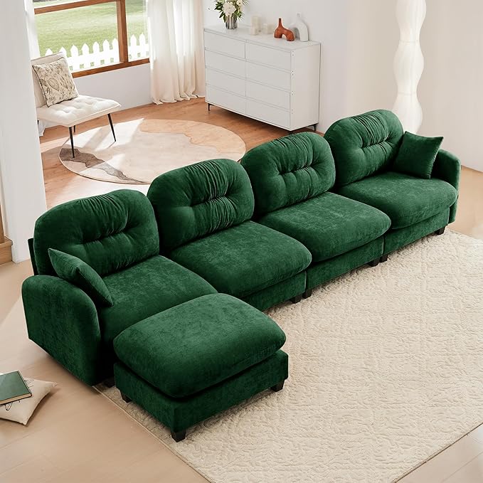 KEIKI 140" L-Shaped Oversized Chenille Modular Sectional Sofa with 1 Ottoman, High-Density Foam Cushions, Tufted Pleated Cushion Backrest, Modern 4-Seater Couch with 2 Pillow, for Living Room, Green