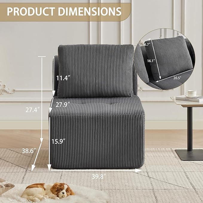 Modular Sectional Sofa with Movable Ottoman, 1 Seat Deep Seat Couch with 1 Pillow, Comfy Cloud Sectional Sofa for Living Room, Bedroom and Apartment (Grey, 1 Middle)