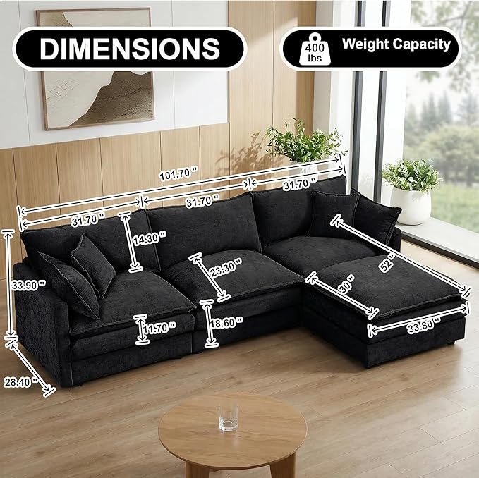 102" Cloud Couch Sectional, Modular Sectional Sofa with Chaise & 4 Removable Washable Pillows, Oversized L-Shaped Couch for Living Room, Modern 3-Seat Cloud Sofa Sectional with Deep Seat, Black
