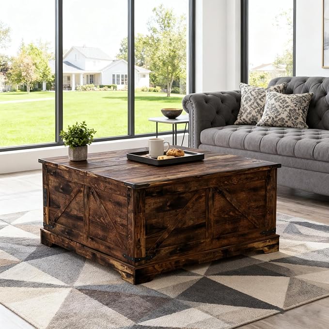 Coffee Table with Hidden Storage, 35.4" W Farmhouse Lift Top Wood Square Center Table with Charging Station, Rustic Cocktail Tables with Flip Top Lids for Living Room, Home Office, Rustic Brown