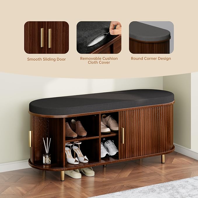 DHH 2-Tier Storage Bench,Wide Shoe Bench with Thickened Padded Seat Cushion, Mid Century Modern Fluted Sliding Door and Adjustable Shelf, for Entryway, Living Room, Bedroom (Walnut, 43.3“) - Image 7