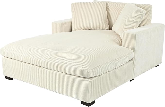Christopher Knight Home Larrz Oversized Chaise Lounge Chair Indoor, Corduroy Upholstered Sleeper Sofa Couch, Durable Wood Frame, Deep Seat Reading Chair with 2 Throw Pillows and Armrests, Beige