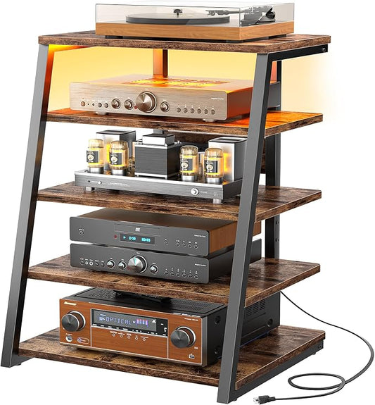 Armocity 5-Tier AV Media Stand with Power Strips, Media Console with LED Lights, Audio Tower Rack with Adjustable Shelves, Stereo Stands and Racks, 40.8'', Rustic Brown by Armocity