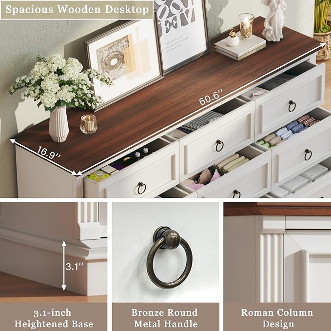 HUAHUU Farmhouse 9 Drawer Dresser for Bedroom, 60" Wide Wood Dresser with Roman Column, Chest of Drawers with Antique Bronze Circle Handles, Storage Organizer for Living Room, Hallway, Entryway, White - Image 5