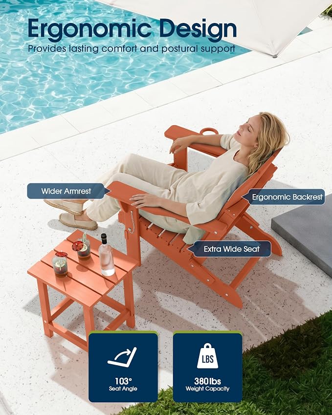 MUCHENGHY Folding Adirondack Chairs, Patio Chairs, Lawn Chairs, Outdoor Chair, Adirondack Chair Plastic, Fire Pit, Weather Resistant with Cup Holder for Deck, Backyard, Garden(Orange) - Image 4