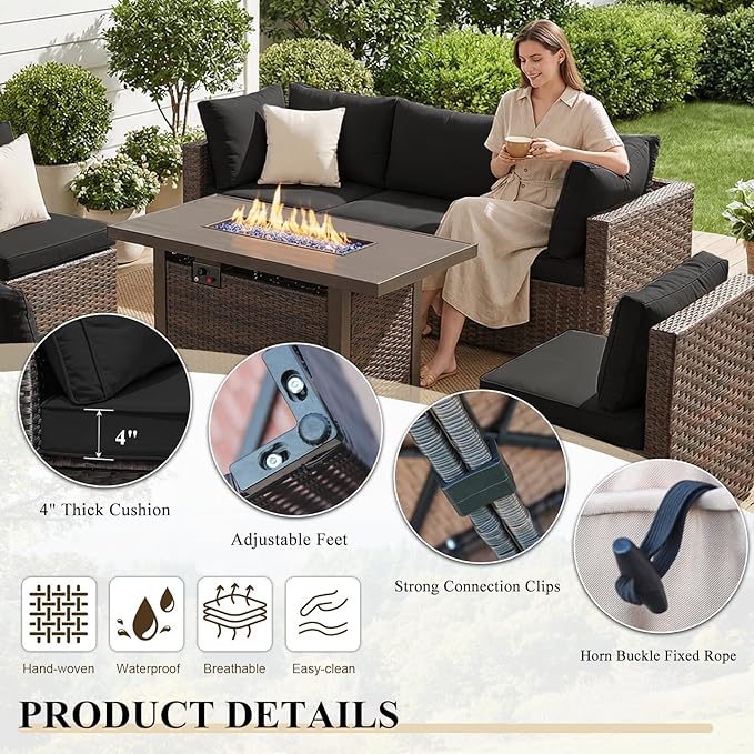 Patio Furniture Set 7 Pieces with 44" Fire Pit Table, Rattan Outdoor Sectional Conversation Sets, All Weather Outdoor Furniture Set with Cushions for Garden Lawn Balcony Porch Deck Black