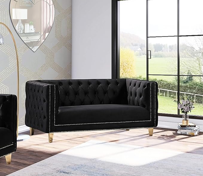 Meridian Furniture 652Black-L Michelle Collection Modern | Contemporary Loveseat with Deep Button Tufting, Gold Nailhead Trim and Sturdy Gold Iron Legs, Black Velvet, 66" W x 34" D x 30" H