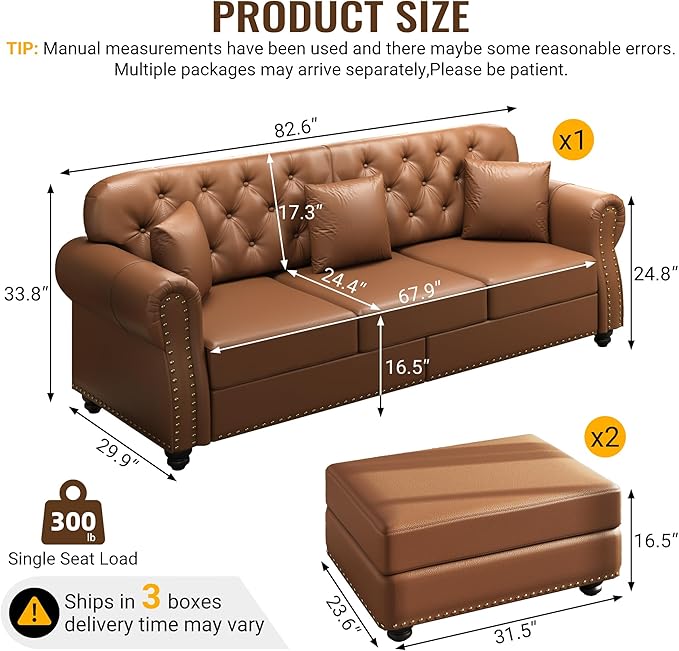 KEIKI 83" Faux Leather Chesterfield Sofa with Rolled Arms & Nailhead Trim & 2 Ottoman, 3-Seater Button Tufted Couch with High Resilience Cushion & 3 Pillow, Easy Assembly, for Living Room, Brown