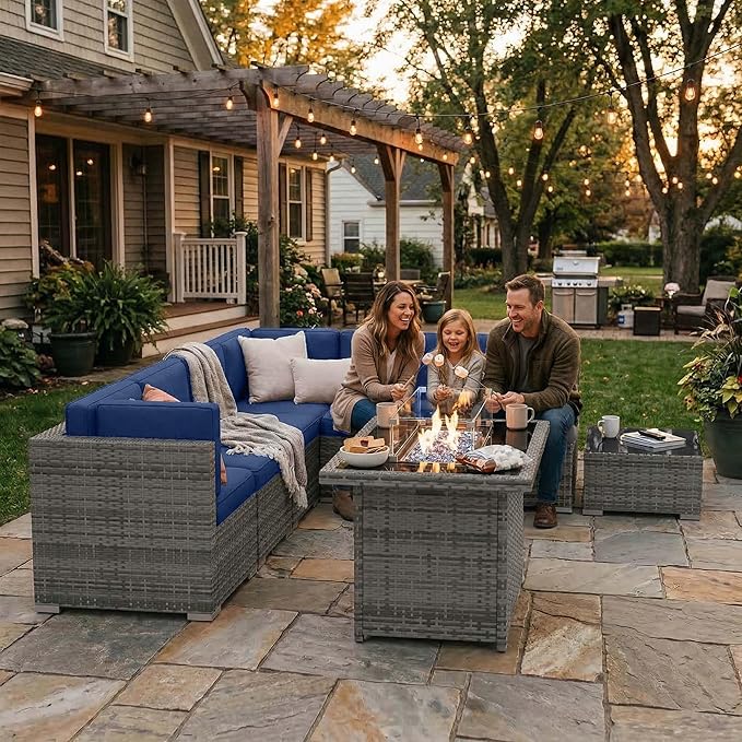 8 Pieces Patio Furniture Set with 44" Propane Gas Fire Pit Table, Outdoor Sectional Wicker Conversation Sofa Sets with Coffee Table