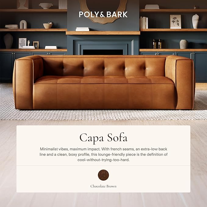Poly & BARK Capa 92" Sofa – Saddle Tan Full-Grain Pure-Aniline Italian Leather, Boxy Modern Design, Feather-Fiber Cushions, Solid Wood Frame
