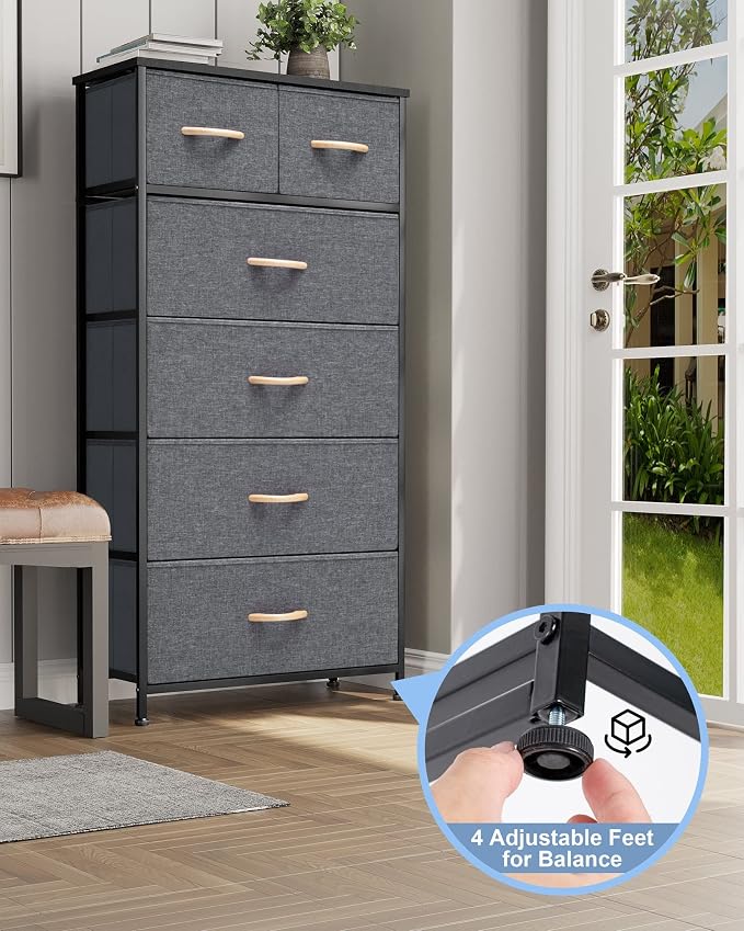 Crestlive Products Vertical Dresser Storage Tower - Sturdy Steel Frame, Wood Top, Easy Pull Fabric Bins, Wood Handles - Organizer Unit for Bedroom, Hallway, Entryway, Closets - 6 Drawers (Gray) - Image 4