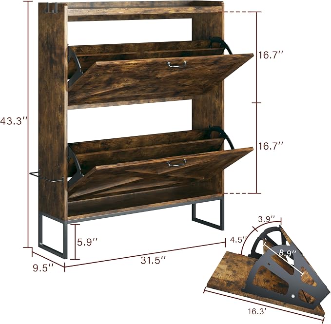 HUAHUU Shoe Cabinet with 2 Flip Drawers - Adjustable Shelves, Freestanding Organizer with Metal Legs for Entryway, Narrow Shoe Cabinet, Rustic Brown - Image 2