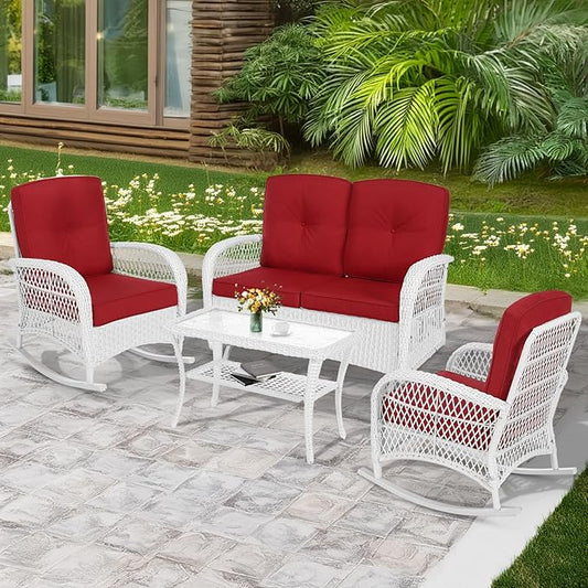 MEETWARM 4 Pieces Outdoor Wicker Patio Conversation Sets with Glider Loveseat, 2 Chairs with Coffee Table Wicker Rocking Chair Set, Patio Furniture Set with Thickened Cushions, White/Red