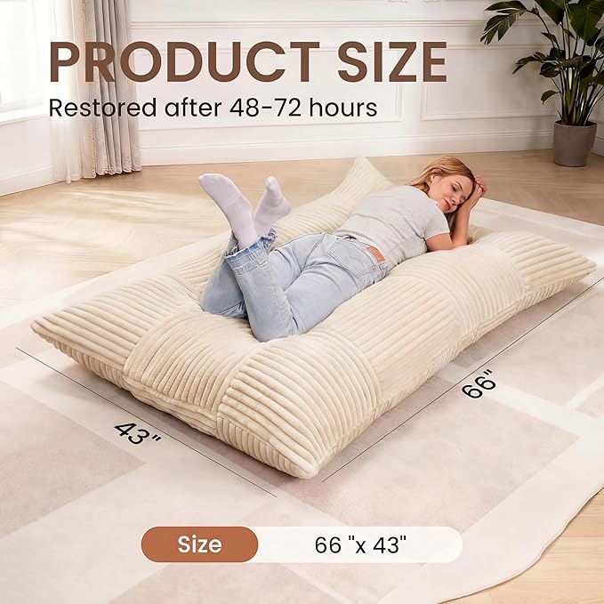 HOMRELEXA Giant Bean Bag Chair, 3-in-1 Convertible Bean Bag Floor Cushion with Washable Cover,Beanbag Chairs for Adult, Living Room, Bedroom, Cream
