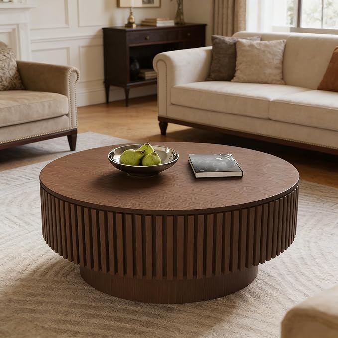 Round Coffee Table with Storage, Modern Fluted Wood Coffee Tables with Sturdy Base, 31.5" Drum Circle Center Tea Table for Living Room Apartment, Easy Assemble - Walnut
