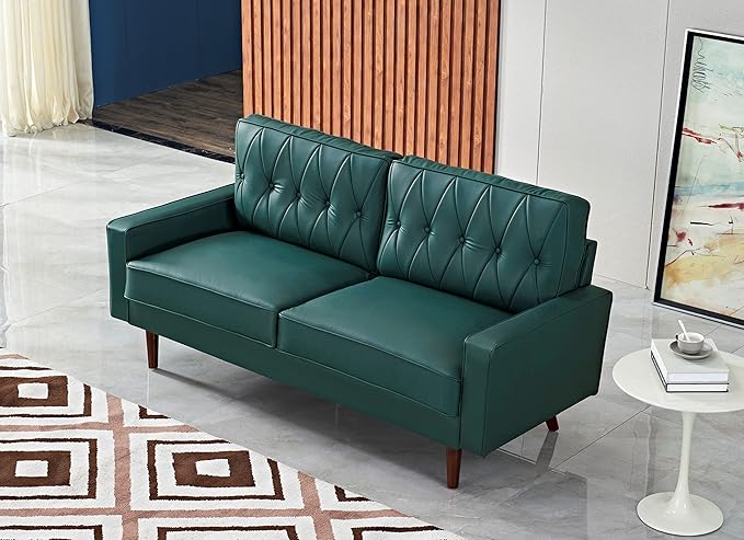 Container Furniture Modern Style Faux Leather Sofa with Elegant Round Tapered Legs and Button Tufted Backrest Perfect for Living Room, Bedroom or Home Office, 69.3’’ Wide, Blue Green