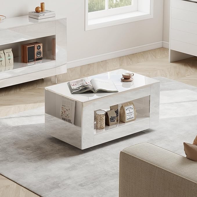 35" High Gloss Wood Coffee Table for Living Room, Sides Storage with Transparent Legs, Modern 2-Tier Storage Shelf Center Table for Home Office, Apartment, White