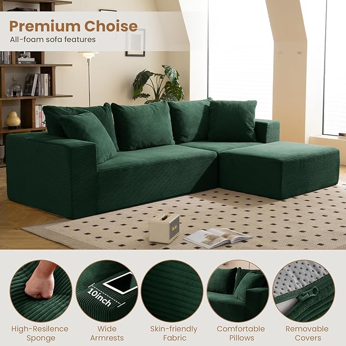 108" L-Shaped Boneless Couch, Modular Sectional Sofa with Moveable Ottoman, Corduroy Cloud Couches for Living Room, No Assembly, Ship in a Box, Green