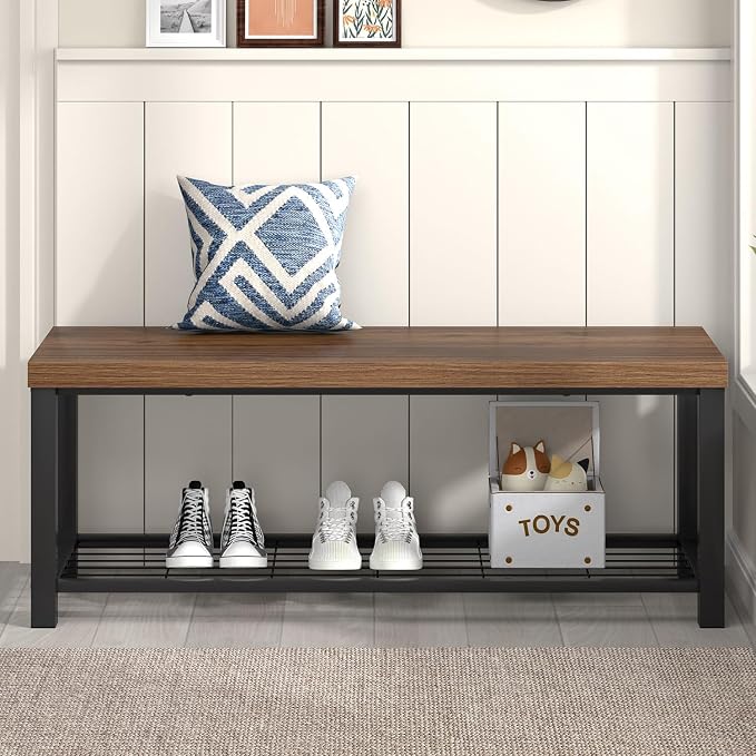 FOLUBAN Shoe Bench, Modern Wood and Metal Storage Bench for Entryway Hallway, Industrial Indoor Bedroom Bench Seat for Living Room, Mudroom, Rustic Walnut, 47 Inch - Image 7