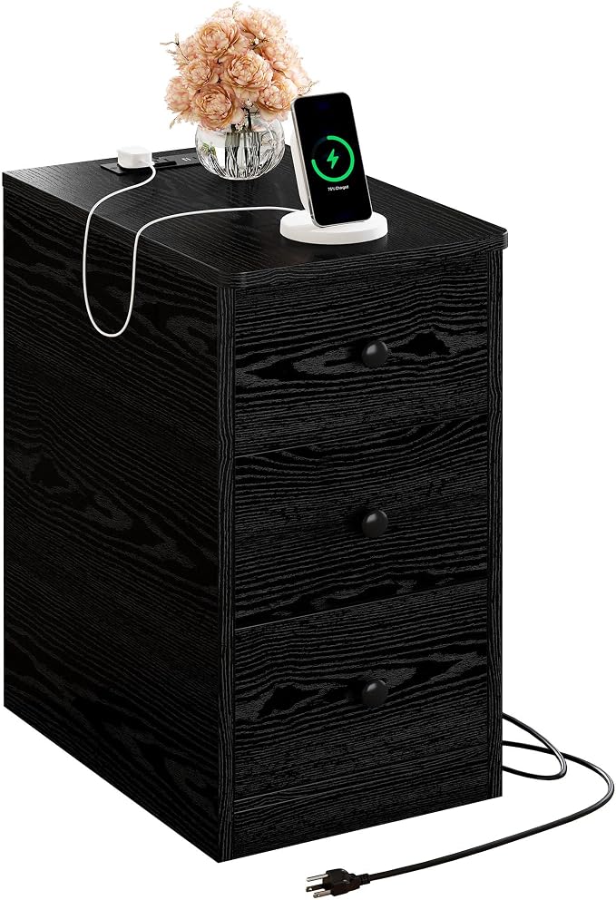 LIKIMIO Nightstand with Charging Station, Narrow Bedside Table with 3 Drawers, End Table with USB Ports and Outlets, Side Table for Living Room/Bedroom Modern by LIKIMIO