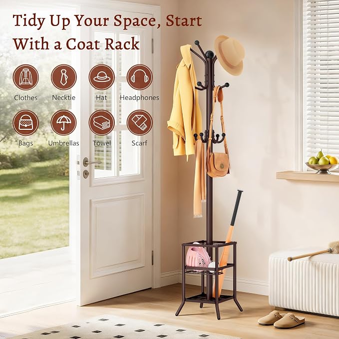 FAVOOSTY Coat Rack Freestanding,Coat Rack Stand with Umbrella Holder,Metal Coat Tree with 12 Hooks,Tree Clothes Hat for Entryway, Hallway, Bedroom, Living Room & Office -Brown - Image 2