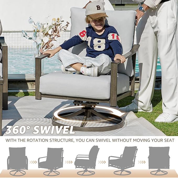 NATURAL EXPRESSIONS Patio Furniture Set,4 Piece Outdoor Conversation Metal Swivel Rocking Chairs Set with Hand-Woven Rope High Back,Sturdy Hand Brushed Wood Grain Finish Frame,6" Cushions for Yard