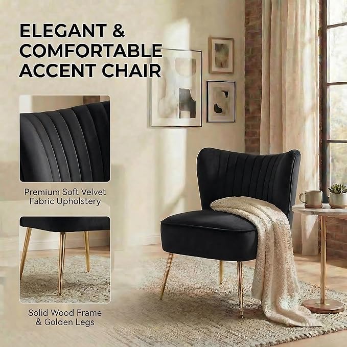 DUOMAY Modern Accent Chair Set of 2 Velvet Slipper Chair with Gold Legs Wingback Side Chair for Living Room Bedroom Entryway Small Corner Chair for Space Saving, Black