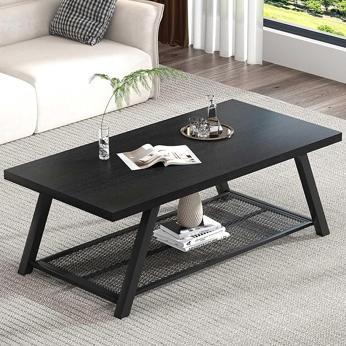 FOLUBAN Black Coffee Table with Storage, Modern Rustic Wood and Metal Coffee Tables for Living Room, 2-Tier Industrial Rectangle Cocktail Tea Table, 47 Inch
