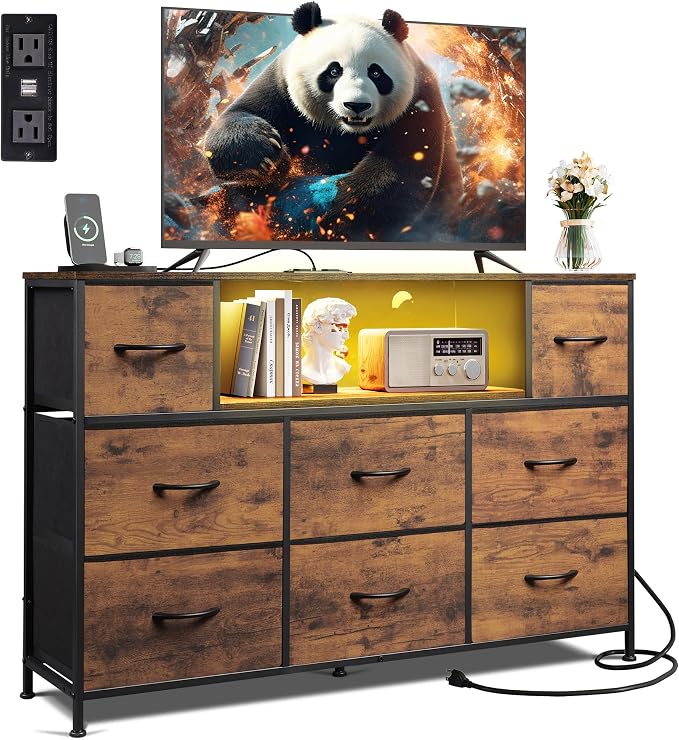 WLIVE Dresser TV Stand for 45, 50, 55 inch TV, Entertainment Center with LED Lights & Charging Station, Chest of Drawers with 8 Fabric Drawers and Open Shelves for Living Room, Hallway, Rustic Brown by WLIVE