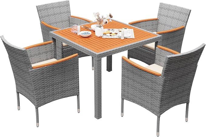 Devoko 5 PCS Furniture, Patio Conversation Set with Acacia Wood Top, Rattan Outdoor Dining Table and Chairs for Backyard, Garden, Deck, Grey by DEVOKO