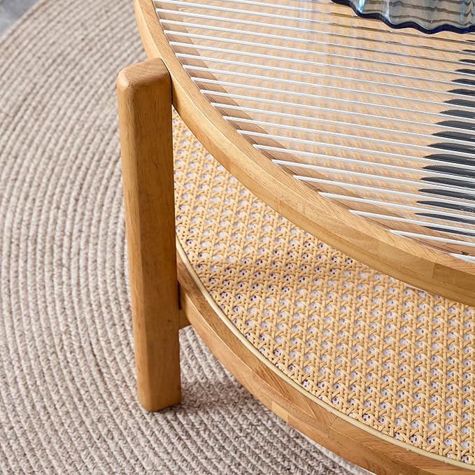 Mid Century Modern Coffee Table with Glass Top and PE Rattan Storage Shelf, 2-Tier 35 Inch Solid Wood Round Boho Coffe Table, Unique Center Table for Livinig Room Apartment Small Space