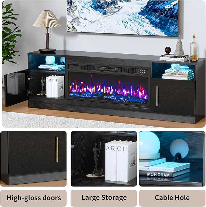 PRETZI Fireplace TV Stand with 36" Fireplace Up to 80" TVs, 70" Entertainment Center with LED Lights, Remote Control, TV Media Console with Storage Cabinets for Living Room, Black - Image 6