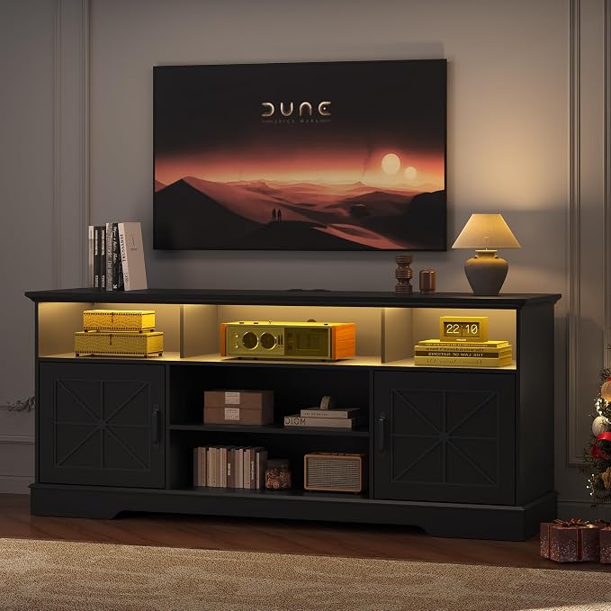 TV Stand for 65 Inch TV, Farmhouse Entertainment Center with RGB LED Lights, 59 Inch Media Console with Adjustable Center Shelf and Storage Cabinets, Rustic Barn Door Style - Image 7