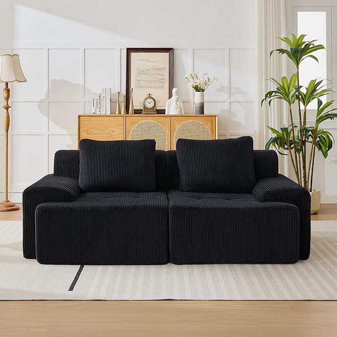 Modular Sectional Sofa, Boneless Couches for Living Room, Corduroy Couch, Big Comfy Couch, Modular Cloud Sofa with Deep Seat (Black, 2 Pieces-Loveseat)