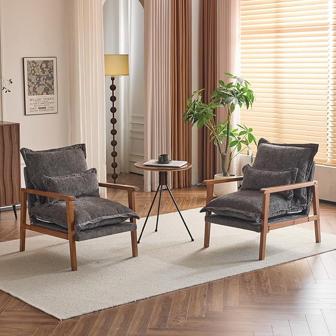VINGLI Mid-Century Modern Cloud Accent Armchairs Set of 2 with Lumbar Pillow, 6.3'' Thick Seat Cushion Reading Chairs with Wooden Armrests, Boho Lounge Chair for Bedroom, Living Room, Chenille, Grey