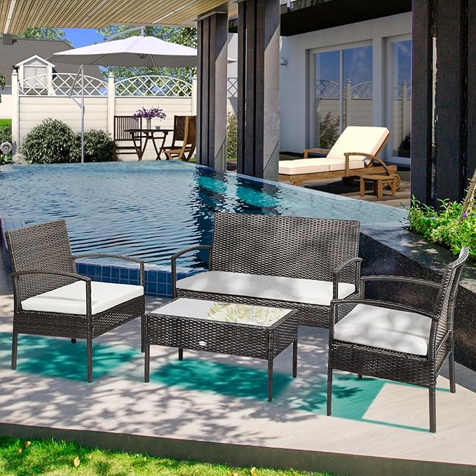 Outsunny Patio Furniture Set, 4 Piece Indoor Outdoor PE Wicker Conversation Set with Chairs, Loveseat Sofa, Cushions, Glass Table for Backyard, Sunroom, Pool, Garden, Brown