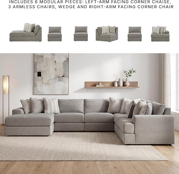 Signature Design by Ashley Avaliyah Contemporary Right-Arm Facing 6-Piece Sectional with Armrest, Throw Pillows and Reversible Cushions, Gray