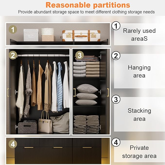 PAKASEPT Large Wardrobe Closet, Armoire Closet with Door and Mirror, LED Lights, Hanging Rod, Drawers, Armoires and Wardrobes for Bedroom (Black)