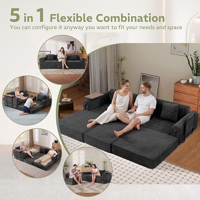 100" Convertible Sleeper Sofa Bed, Oversized Modular Sectional Cloud Sofa with Fixed-Shape Frame & Tabletop, Boneless Couch with Storage Pocket for Living Room, No Assembly Required, Black