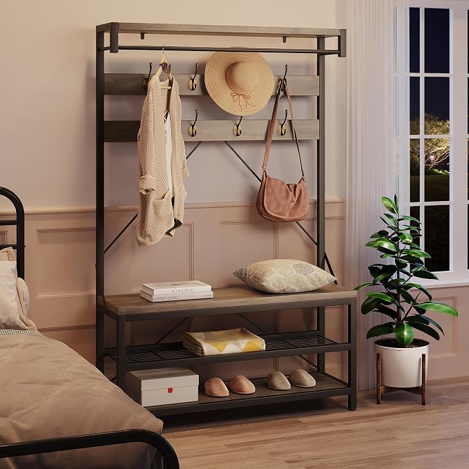 IDEALHOUSE Coat Rack Shoe Bench Industrial Hall Tree Storage Bench for Entryway Wood Look Accent Large Shoe Rack with Storage Shelf Hanging Bar,8 Hooks Grey 39.9"x15.7"x72" - Image 2