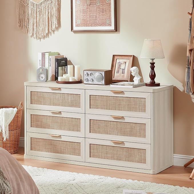 LEYAOYAO Boho Dresser for Bedroom, 6 Drawers Rattan 54" White Dressers Chest of Drawers, Dresser TV Stand, Dressers Closet Organizer for Living Room, Hallway - Image 6
