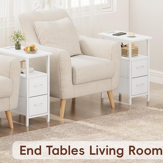 Vagusicc White Nightstand with Charging Station and LED Lights, Narrow Side Table, LED Night Stand with 2 Fabric Drawers, Bedside Table with USB Ports and Outlets, Tall Nightstand for Bedroom, White - Image 9