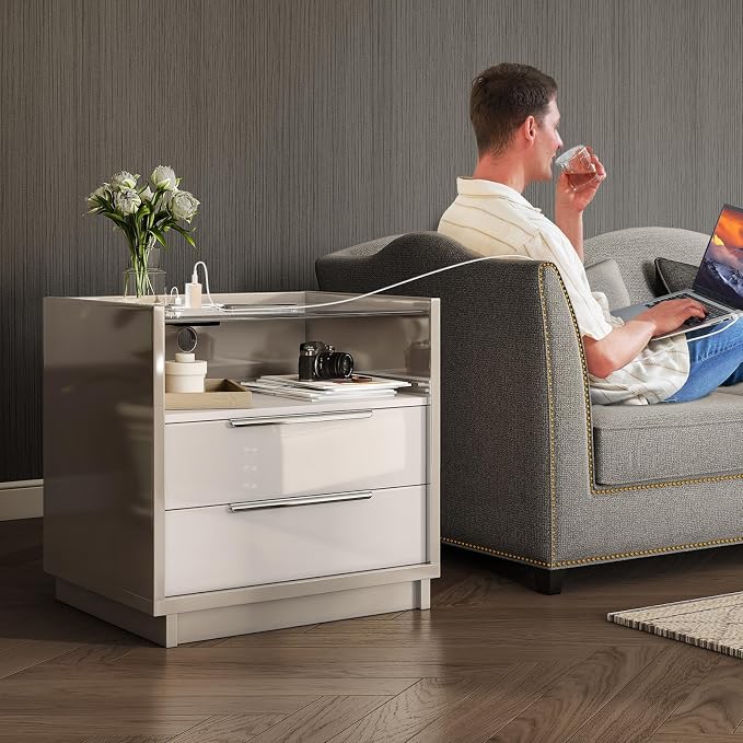 AMERLIFE 23.6" Nightstand, High Gloss End Table with Glass Tabletop, Modern Bedside Table with Charging Station, 2 Drawers Nightstand for Bedroom, Cream & Gray - Image 8