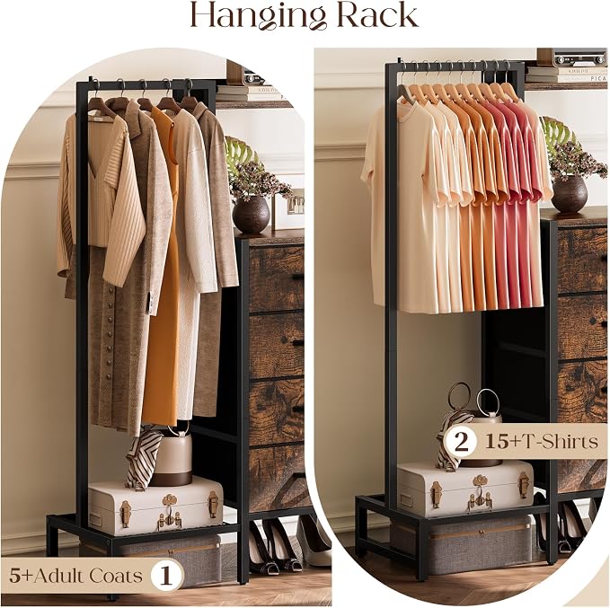 Yoobure Dresser with Hanging Rack - Small Closet with 4 Fabric Storage Drawers, 44"H Dresser with Clothes Rack, Chest of Drawer, Kids Dressers for Bedroom, Entryway, Living Room, Sturdy Frame, Rustic - Image 3