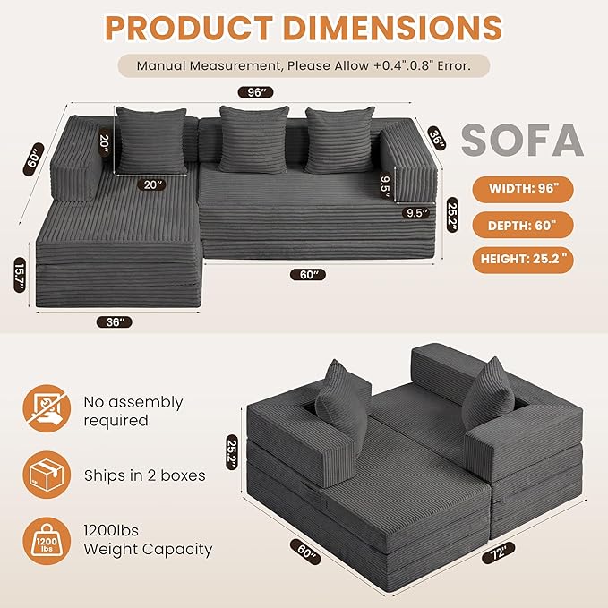 Modular Sectional Sofa, Boneless Convertible Oversized Sleeper Sofa Bed, Modern Tri-Folding Cloud Couch with L-Shape Chaise, Corduroy Futon Couches for Living Room Small Spaces Apartment,No Assembly