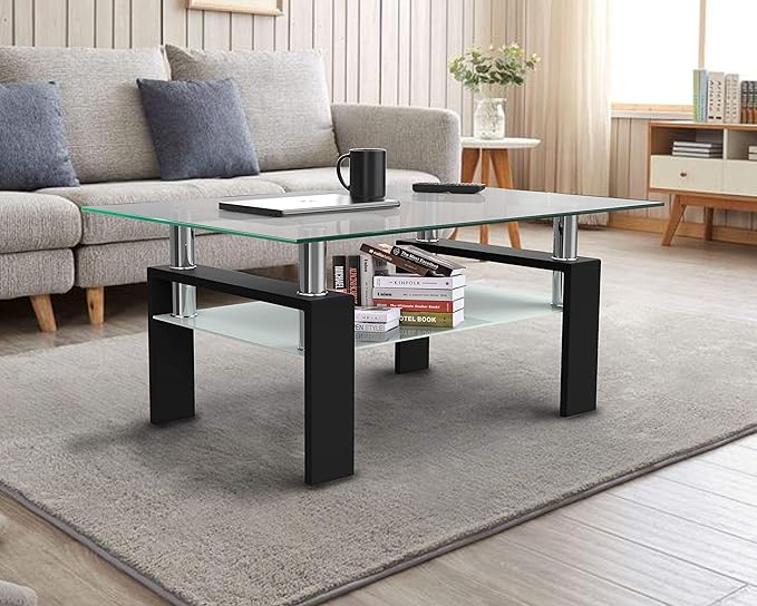 IANIYA Rectangle Glass Coffee Table, Living Room Table with Black Metal Legs & Tempered Glass, Modern Center Table for Bedroom Small Space